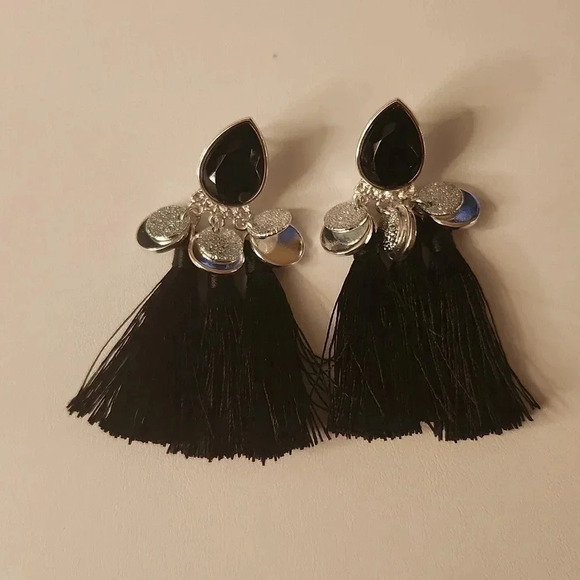 Vintage Black Jewel Stud Tassel Drop Earrings - Picture 2 of 3